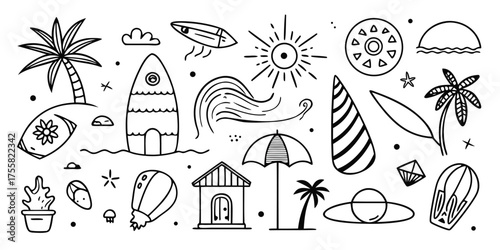 Tropical beach vacation elements collection surfboard palm tree sun umbrella and hut line art