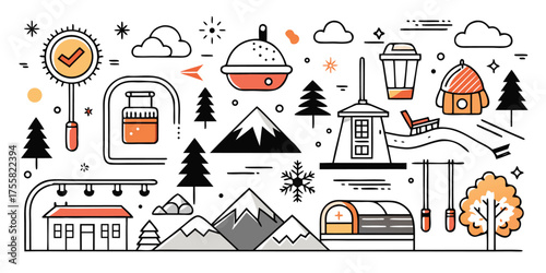 Whimsical mountain adventure icons featuring skiing and travel elements