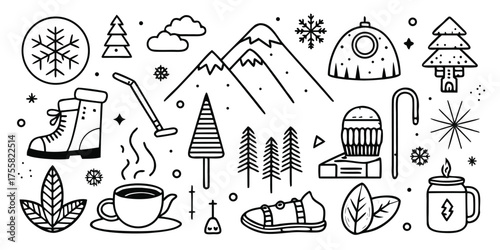 Winter adventure gear and cozy elements collection for outdoor exploration