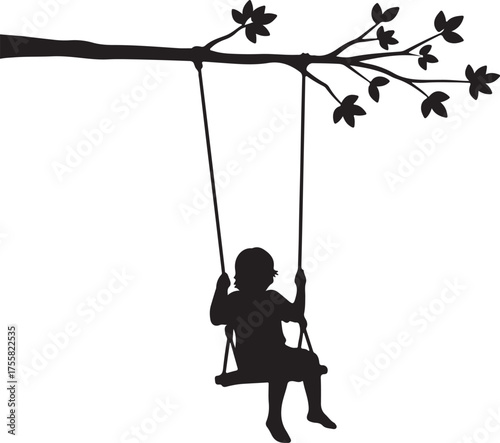 Nostalgic silhouette of a child enjoying a swing ride from a leafy tree branch, capturing a moment of simple, carefree play