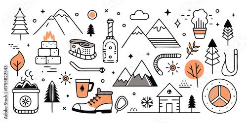 Hand-drawn adventure travel icons mountains trees boot campfire and camping gear doodles