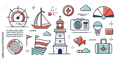 Nautical and travel adventure icons featuring a lighthouse sailboat compass and suitcase
