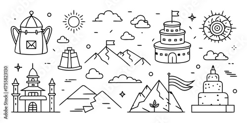 Adventure travel icons backpacks mountains jacket sun clouds and buildings for exploration