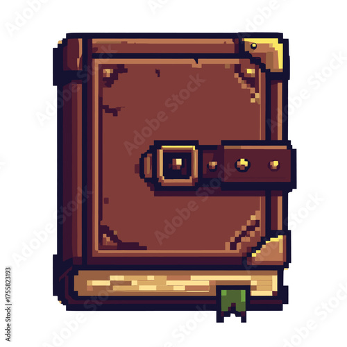 Pixel art illustration of an old, brown, leather-bound book with metal corners, a buckle strap, and a green bookmark.