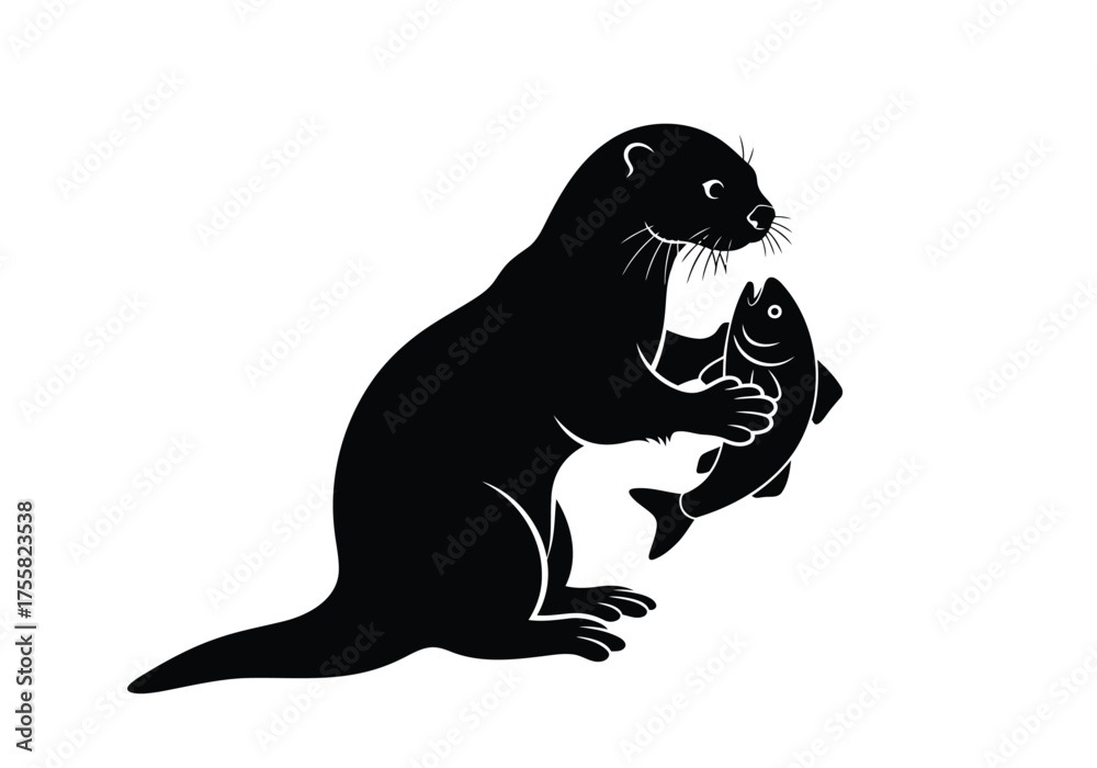 Obraz premium Proud black and white otter holding a freshly caught fish simple graphic