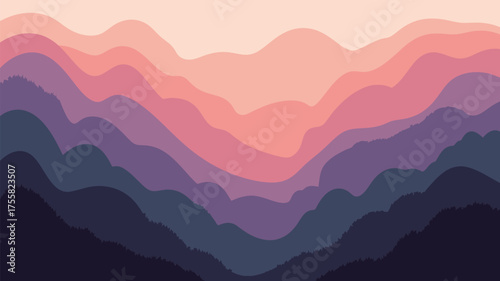 Abstract layered mountain ranges in shades of purple pink and blue creating a scenic landscape view