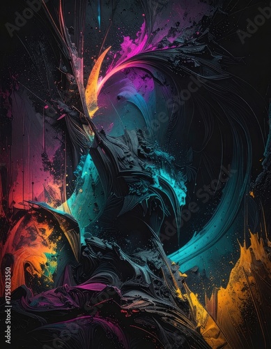 A dark, abstract creature emerges from a chaotic splash of vibrant neon colors