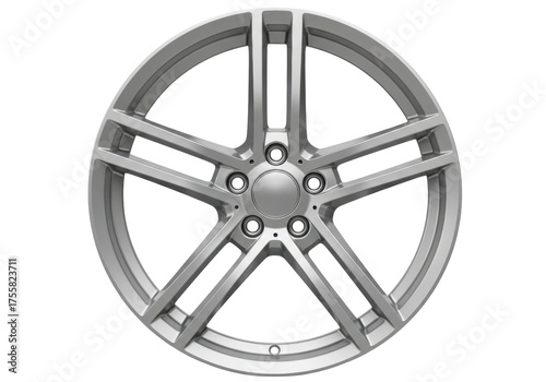 Silver car rim isolated on transparent background, five-spoke alloy wheel for automotive industry and vehicle design