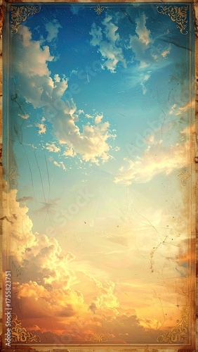 A vintage portrait of a sunlit sky with clouds and a decorative, worn frame