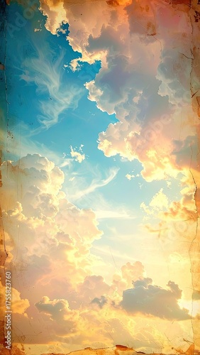 A heavenly golden cloudy sky with a patch of blue, framed by a vintage texture