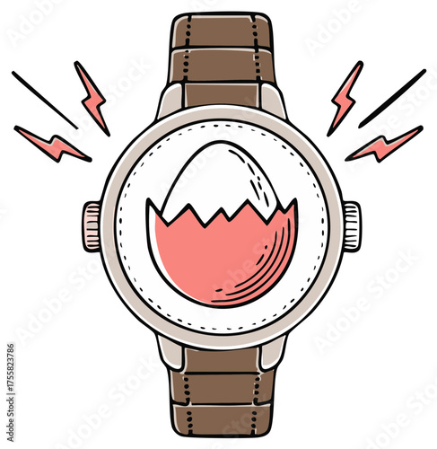 Whimsical wristwatch with a cracked egg and energetic lightning bolt symbols for a new start or wake up call