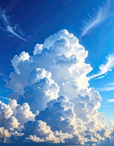 Majestic white cumulus cloud towers in a vibrant, clear blue summer sky