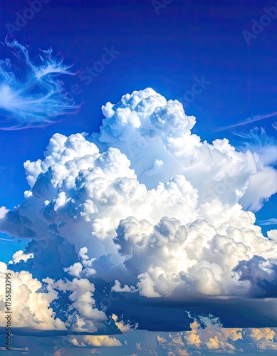 A towering white cumulonimbus cloud formation against a vibrant blue sky