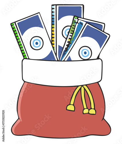 Bag overflowing with lucky eye notebooks colorful school supplies learning materials