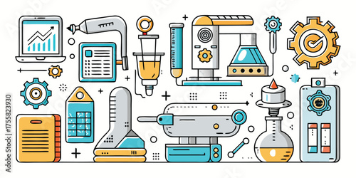 Modern science laboratory equipment icons representing research innovation and discovery