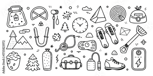 Adventure gear collection sketch elements for outdoor activities and travel