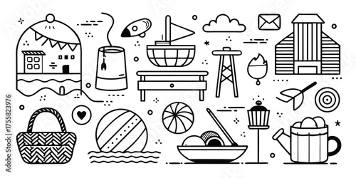 Whimsical summer and outdoor fun icons for adventure and recreation