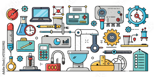 Collection of scientific equipment and gadgets for research and adventure