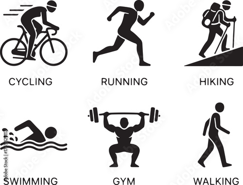 Diverse sports icons showcasing cycling running hiking swimming gym and walking activities