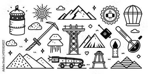 Adventure and exploration icon set mining mountains hot air balloon truck and pyramids