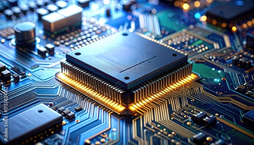 A glowing central processing unit on a complex blue computer circuit board
