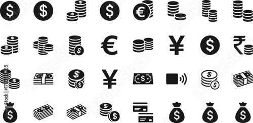 Collection of various currency symbols and money icons including coins bills credit cards and money bags isolated on transparent background