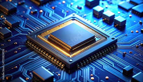 A glowing microchip on a blue printed circuit board with complex pathways