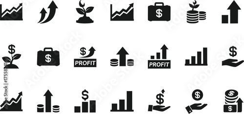 Collection of black finance and growth icons representing profit and investment success isolated on transparent background