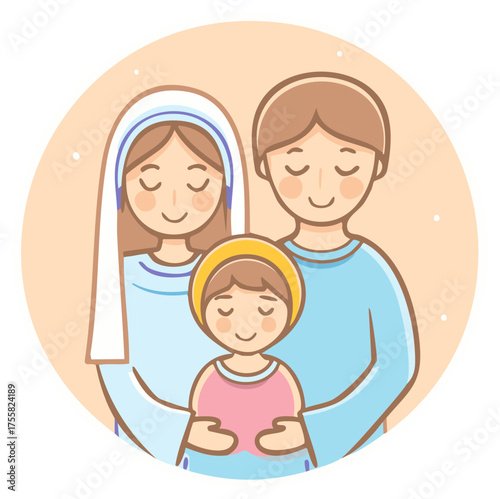 Cartoon Family Portrait Illustration with Religious Theme, Happy and Smiling