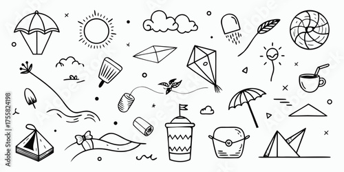 Whimsical hand drawn summer vacation elements featuring kites tents and parachutes for adventure