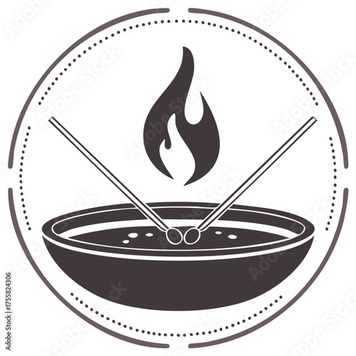 Flaming Cauldron with Stirring Spoons Round Design Potent Brewing Ritual Symbol Isolated