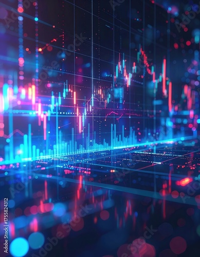 Futuristic financial data visualization with glowing candlestick charts and graphs