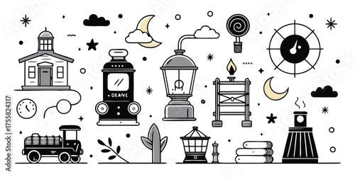 Whimsical western scene elements featuring train schoolhouse moon hot air balloon clock