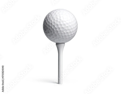 A white dimpled golf ball balanced on a tee, isolated on a white background