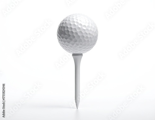 A dimpled white golf ball sits ready on a white tee against a clean background