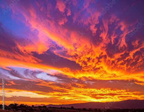 A vibrant, fiery sunset with dramatic clouds over a silhouetted landscape