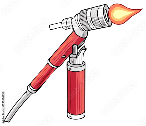 Stylized illustration of a red hand held torch with a flame coming out of the nozzle.
