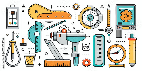 Collection of vintage measurement tools and scientific instruments for discovery and exploration