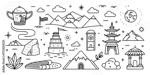 Whimsical travel adventure doodle collection featuring mountains temples nature and moon