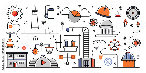 Industrial complex schematic with gears pipes buildings and safety equipment design