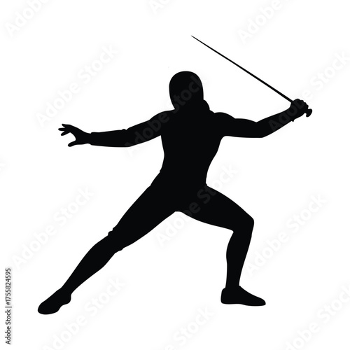 silhouette of a fencer in combat pose  on white