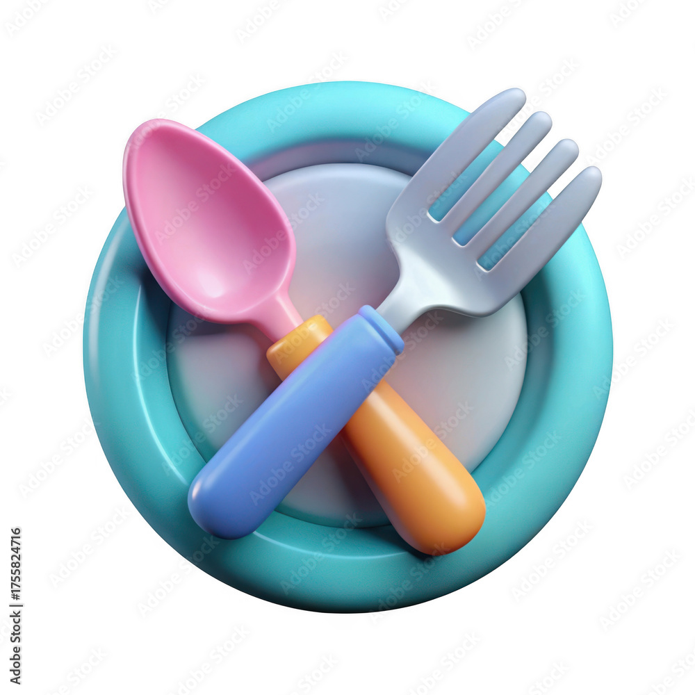 Fototapeta premium 3d render plate with pink spoon and white fork utensils illustration, kitchenware, dining, restaurant, food, isolated on transparent background