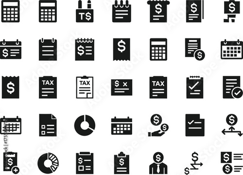 Collection of financial and accounting icons representing business money and calculations isolated on transparent background