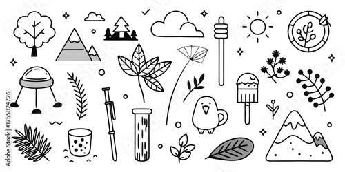 Whimsical hand-drawn icons capturing nature adventure and cozy camp vibes