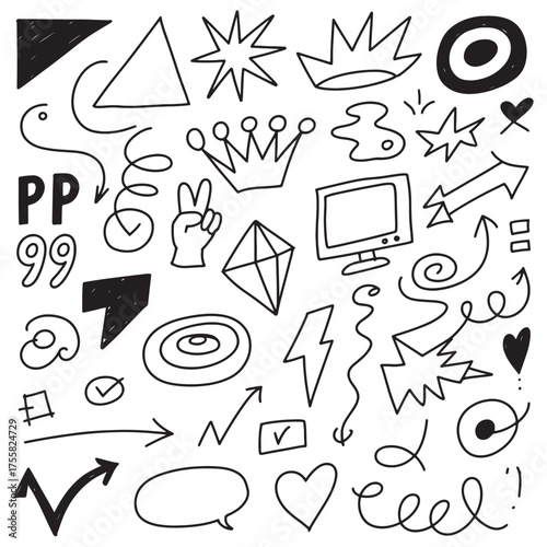  Playful Sketchy Line Art Icons Featuring Everyday and Abstract Elements