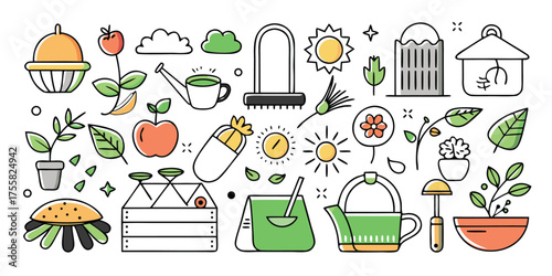 Charming garden elements hand drawn style icons for planting and outdoor adventures