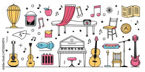 Diverse collection of musical instruments and performance elements hand-drawn style