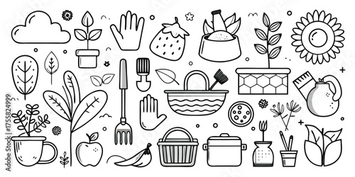 Charming garden collection featuring plants tools pots flowers and clouds hand drawn style