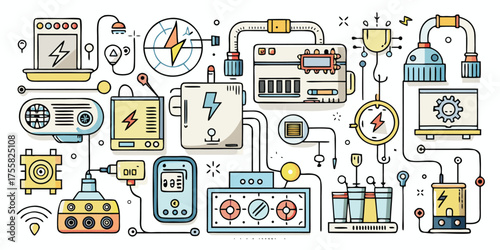 Science and technology doodle art exploring electricity innovation and discovery with various devices