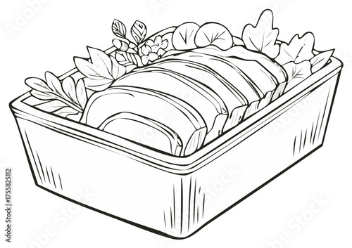 Hand drawn meatloaf or terrine in a baking dish with fresh herbs line art illustration